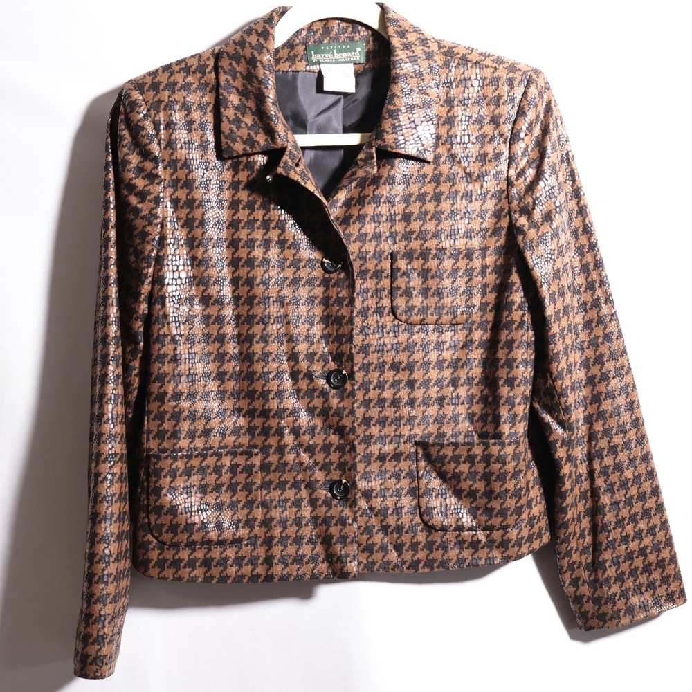 VTG Harve Benard Brown‎ Houndstooth Jacket Faux Leather Glamoratti Mob Wife 8 P